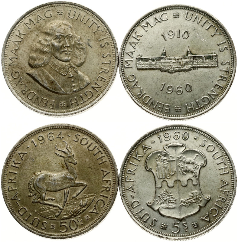 South Africa. 5 Shillings 1960 & 50 Cents 1964. Silver .500, total weight 56.47 ...