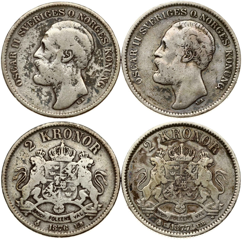 Sweden. Oscar II (1872-1907). 2 Kronor 1876 EB & 1877 EB. Silver total 29.29 g. ...