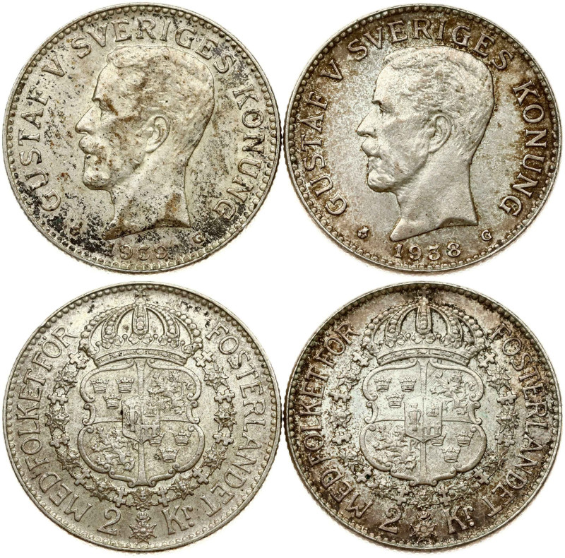 Sweden 2 Kronor 1938 G & 1939 G. Gustaf V (1907-1950). Silver total 29.97 g. KM-...