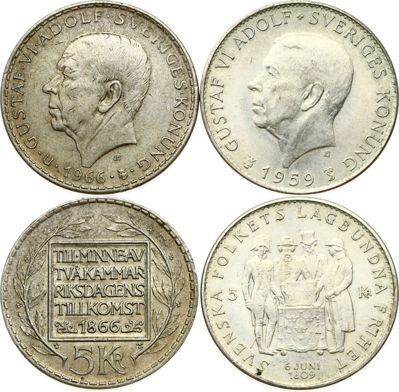 Sweden 5 Kronor 1959 & 1966. Gustaf VI Adolf (1950-1973). 150th Anniversary of t...