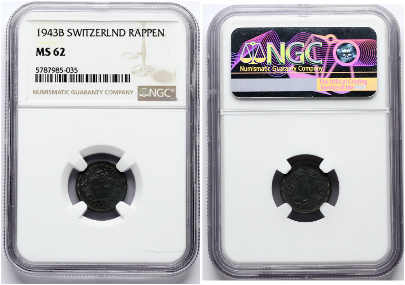 Switzerland. 1 Rappen 1943 B. Zinc. KM 3a. NGC MS 62. TOP POP.