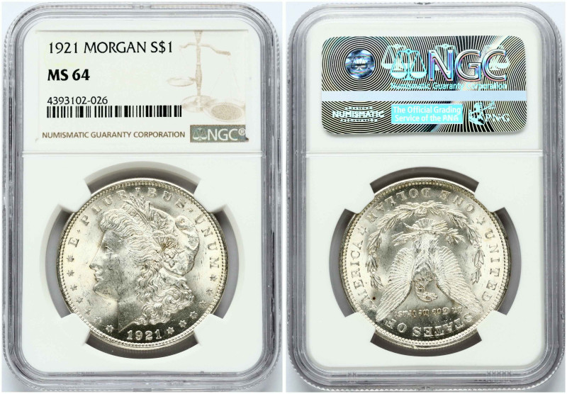 USA. 1 Morgan Dollar 1921, Philadelphia. Silver. KM 110. NGC MS 64