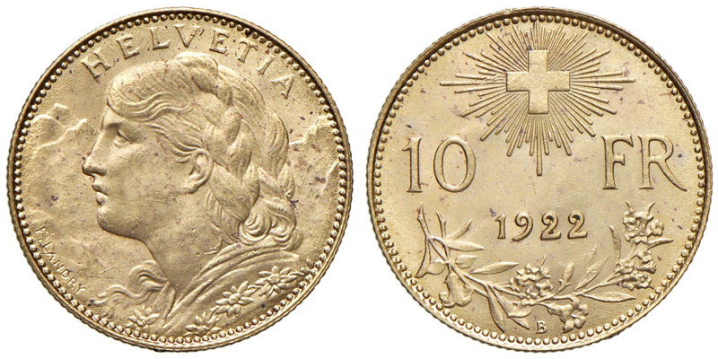 SVIZZERA. Confederazione Elvetica (dal 1948). 10 Franchi 1922. AU (g 3,23). KM 3...