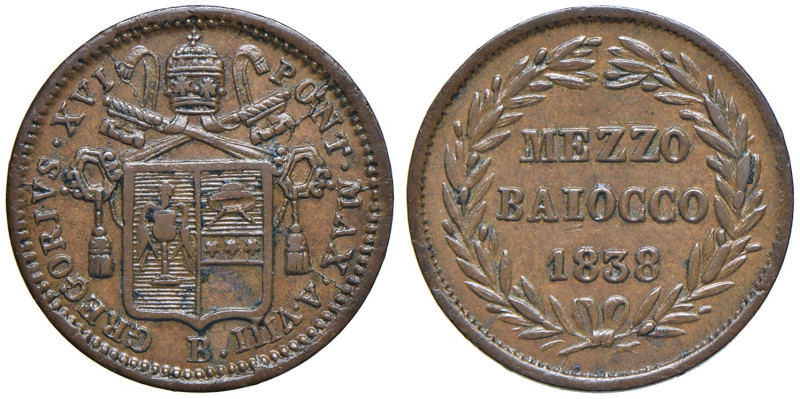 BOLOGNA. Gregorio XVI (1831-1846). 1/2 Baiocco 1838 an.VIII. CU (g 4,88). Gig.56...