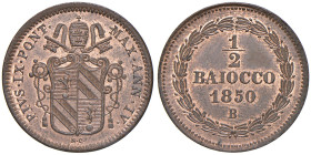 BOLOGNA. Pio IX (1846-1870). 1/2 Baiocco 1850 an.IV. CU (g 5,14). Gig.246. Conservazione eccezionale in rame rosso.

Diritti d'Asta: 18%

FDC