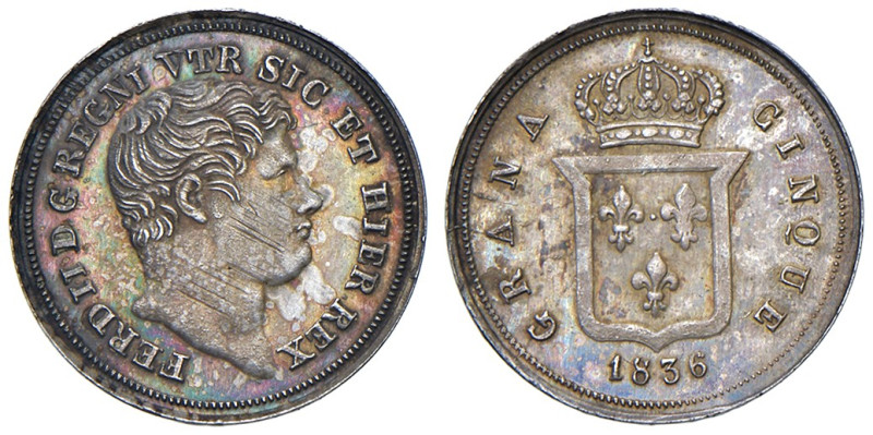 NAPOLI. Ferdinando II di Borbone (1830-1859). 5 Grana 1836. AG (g 1,16). Maglioc...