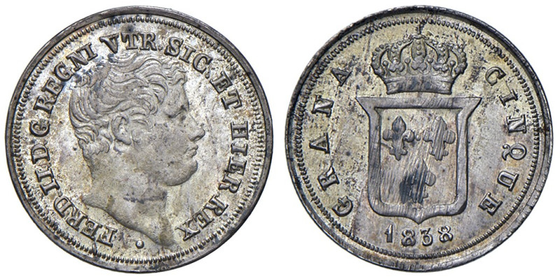 NAPOLI. Ferdinando II di Borbone (1830-1859). 5 Grana 1838. AG (g 1,17). Maglioc...