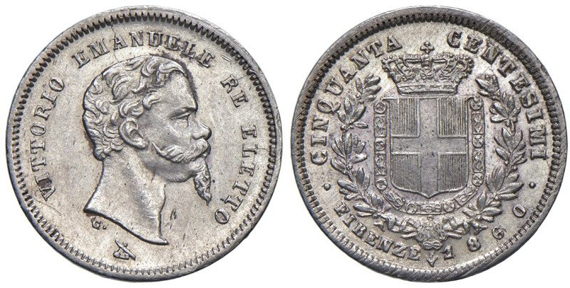 RE ELETTO. Vittorio Emanuele II (1859-1861). 50 Centesimi 1860 Firenze. AG. Gig....