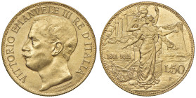 REGNO D'ITALIA. Vittorio Emanuele III (1900-1943). 50 Lire 1911 Cinquantenario. AU. Gig. 19. R

Diritti d'Asta: 18%

SPL+/qFDC