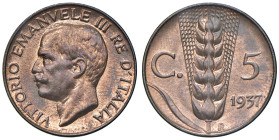 REGNO D'ITALIA. Vittorio Emanuele III (1900-1943). 5 Centesimi 1937 Spiga. CU. Gig. 283. R. Periziata Marco Esposito FDC rame rosso conservazione ecce...