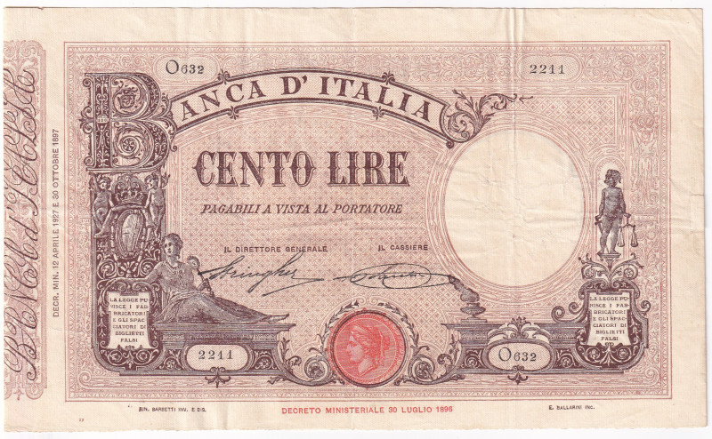 REGNO D'ITALIA. Banca d'Italia. 100 lire MATRICE (FASCIO). 12-04-1927. Gig. BI-1...