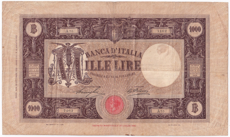 REGNO D'ITALIA. Banca d'Italia. 1.000 lire GRANDE "M" Fascio 1°Tipo. 20-10-1930....