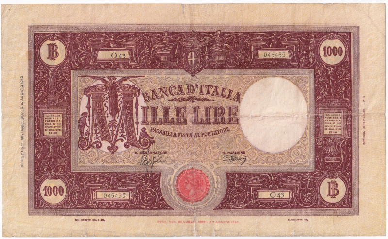 REPUBBLICA SOCIALE ITALIANA. Banca d'Italia. 1.000 lire GRANDE "M" (B.I.) 11-11-...