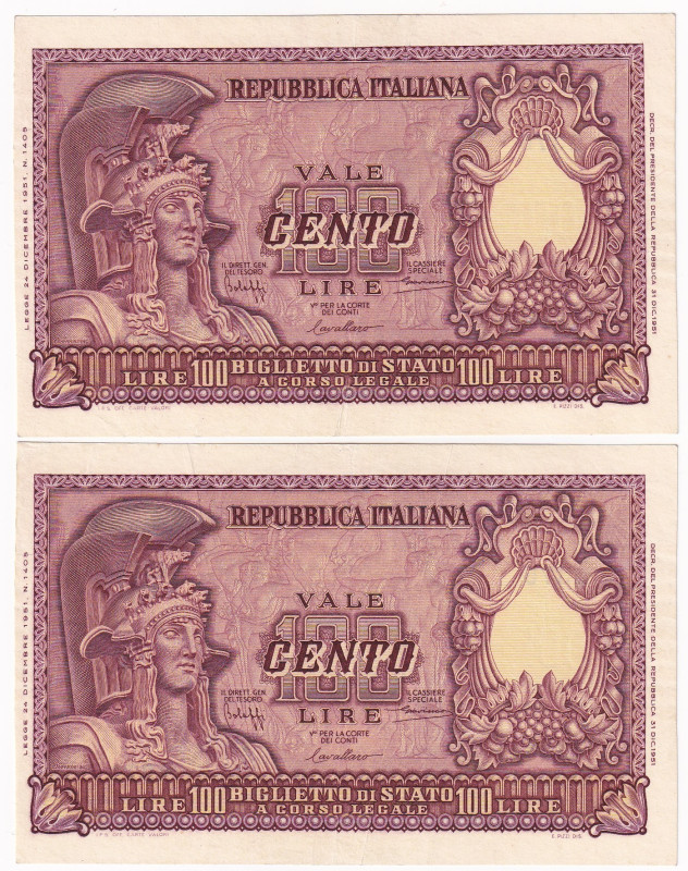 REPUBBLICA ITALIANA. Banca d'Italia. 100 lire ITALIA ELMATA 31.12.1951. Gig. BS-...