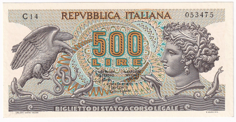 REPUBBLICA ITALIANA. Biglietto di stato da 500 lire "ARETUSA" 20-06-1966. Gig. B...