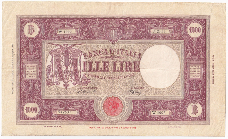 REPUBBLICA ITALIANA. Banca d'Italia. 1000 lire GRANDE "M" (B.I.) 22-07-1946. Gig...