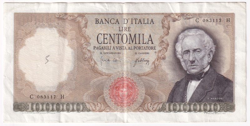 REPUBBLICA. Biglietto di banca da 100000 lire MANZONI 03-07-1967. Gig. BI-82A RR...