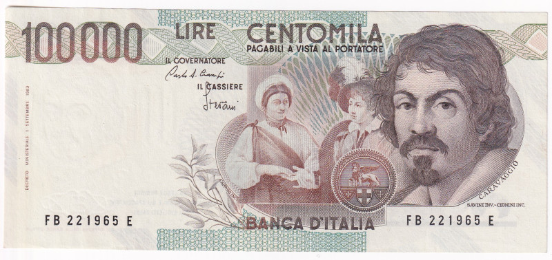 REPUBBLICA. Biglietto di banca da 100000 lire CARAVAGGIO 1° tipo Serie B 1985. G...