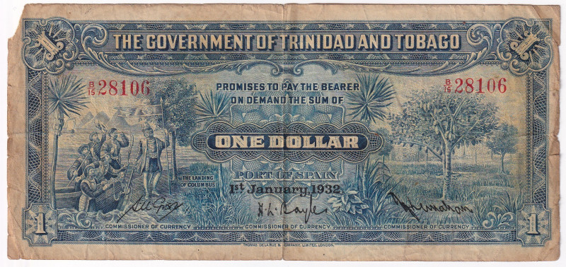 Trinidad e Tobago 1 dollaro 01-01-1932 Pick#1A. Colori vivaci, pieghe, diffuse m...