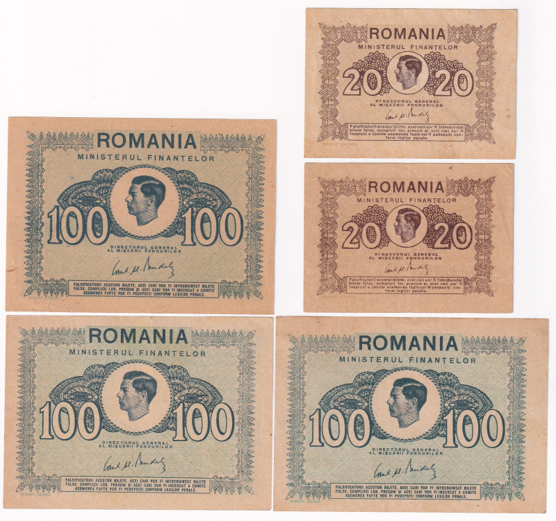 ROMANIA. Michele I (1940-47). Ministero delle Finanze. 100 e 20 lei 1945. P# 76-...