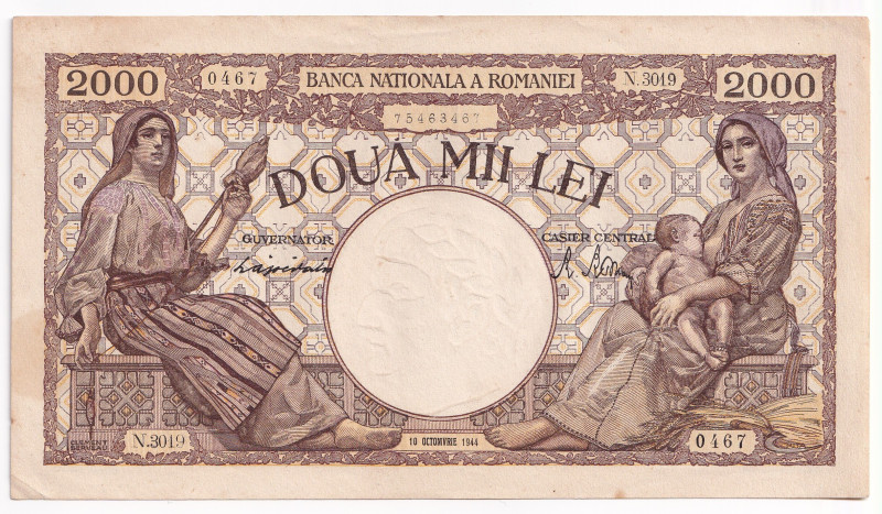 ROMANIA. Michele I (1940-47). Banca Nazionale. 2000 lei 10-10-1944. Serial N.301...