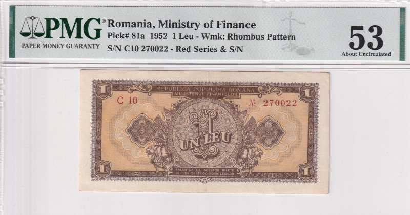 ROMANIA. Repubblica Popolare (1947-65). Ministero delle Finanze. 1 leu 1952. Ser...