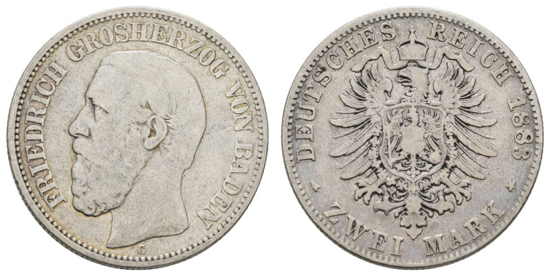 Silbermünzen des Kaiserreichs Baden
 2 Mark, 1883, Friedrich I., s. J. 26.