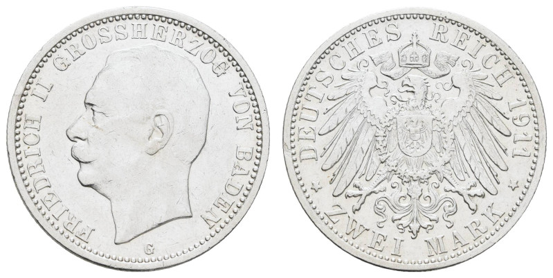 Silbermünzen des Kaiserreichs Baden
 2 Mark, 1911, Friedrich II., kl. Rf., ss. ...