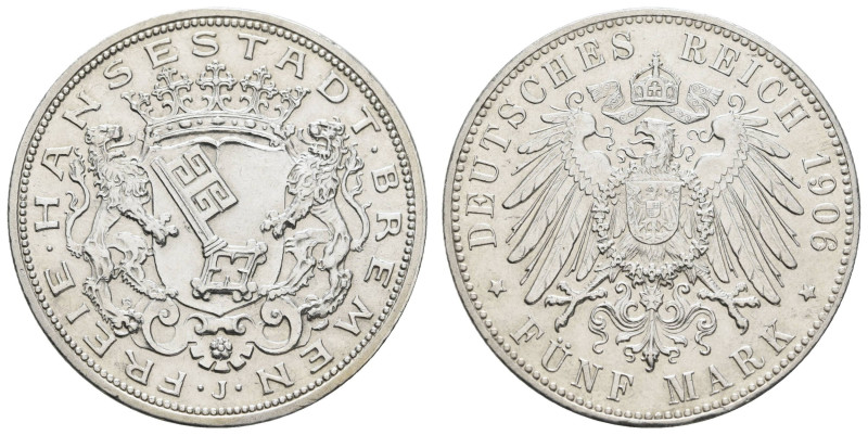 Silbermünzen des Kaiserreichs Bremen
 5 Mark, 1906, kl. Rf., kl. Kr., f. vz., J...