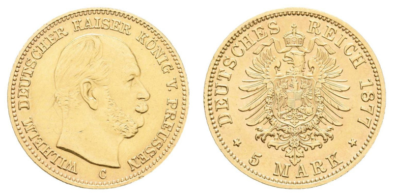 Goldmünzen des Kaiserreichs Preussen
 5 Mark, 1877, C, Wilhelm I., kl. Rf., Kra...