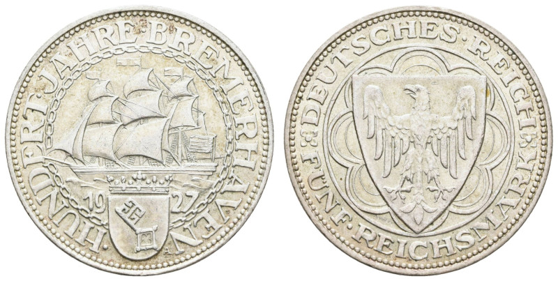 Münzen Weimar
 5 Reichsmark, 1927, Bremerhaven, wz. Rf., vz, J. 326