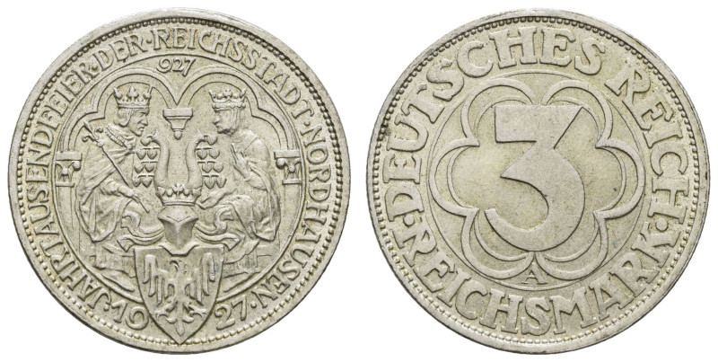 Münzen Weimar
 3 Reichsmark, 1927, Nordhausen, kl. Rf., vz, J. 327