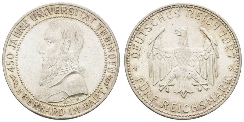 Münzen Weimar
 5 Reichsmark, 1927, Tübingen, kl. Kr., ss-vz, J. 329.