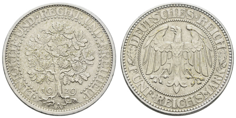 Münzen Weimar
 5 Reichsmark, 1929, A, Eichbaum, kl. Rf., ss-vz, J. 331.