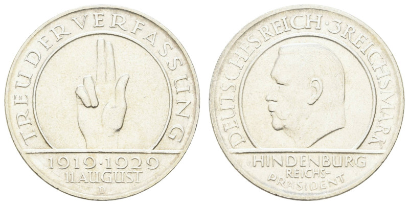 Münzen Weimar
 3 Reichsmark, 1929, D, Schwurhand, min. Kr., vz, J. 340.