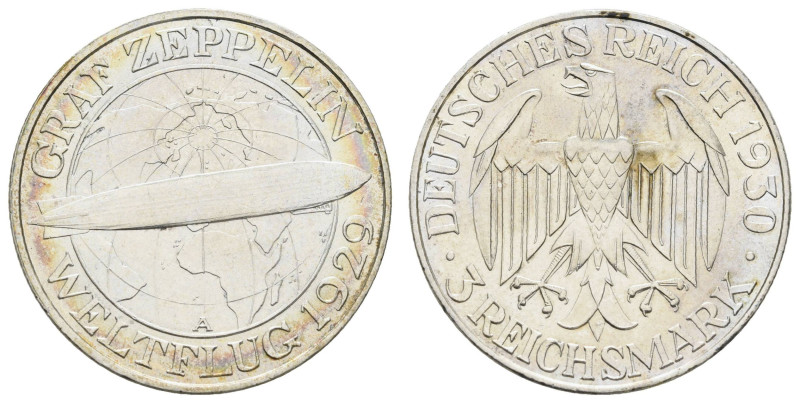 Münzen Weimar
 3 Reichsmark, 1930, A, Zeppelin, kl. Kr., kl. Rf., vz, J. 342