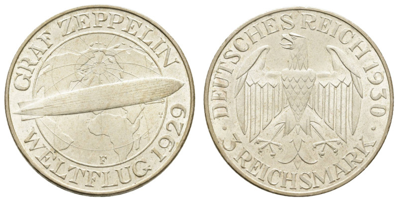 Münzen Weimar
 3 Reichsmark, 1930, F, Zeppelin, wz. Rf., vz-st, J. 342