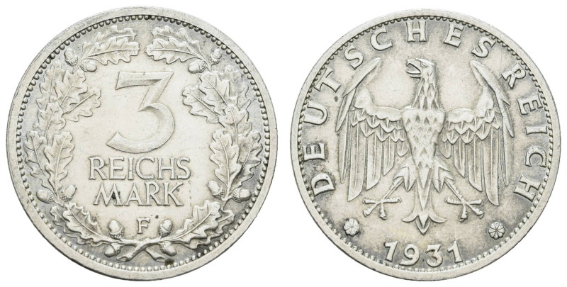 Münzen Weimar
 3 Reichsmark, 1931, J, kl. Rf., ss, J. 349