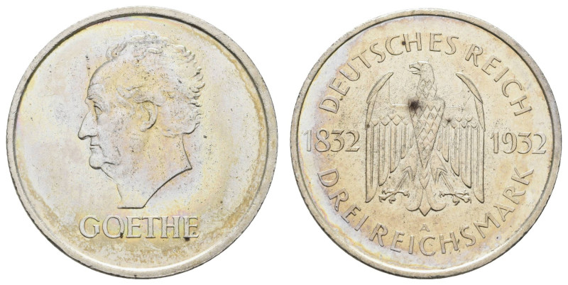 Münzen Weimar
 3 Reichsmark, 1932, A, Goethe, kl. Kr., ss, J. 350