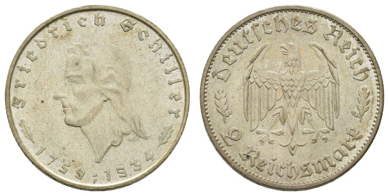 Münzen Drittes Reich
 2 Reichsmark, 1934, F, Schiller, f. st., J. 358