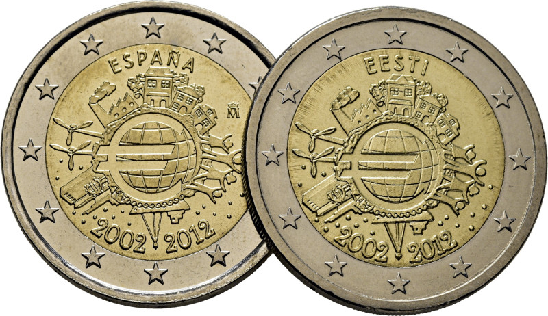 Diez años del Euro. ESPAÑA y ESTONIA. 2€. 2002-2012. K1252 y 70. Mínimas marquit...