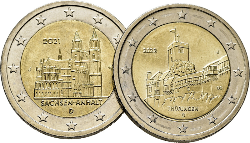 ALEMANIA. Sachsen-Anhalt y Thüringen. J= Hamburgo. 2€. 2021 y 2022. SC+/SC, bril...