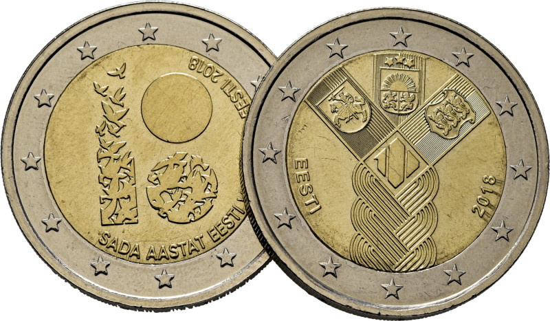 ESTONIA. Cuatro escudos y Sada Astat Vabariki. 2€. 2018 y 2018. Huella dactilar ...