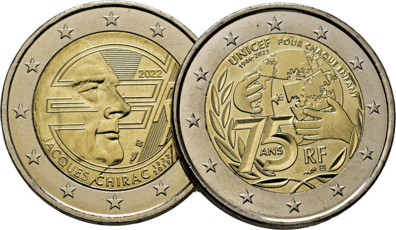 FRANCIA. Unicef 75 años y Jacques Chirac. 2€. 2021 y 2022. SC+, todo su brillo o...