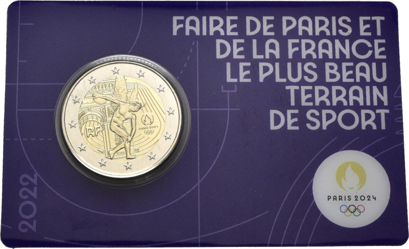 FRANCIA. Olimpiada de París 2024, Discóbolo. 2€. 2022. Presentada en blíster ofi...