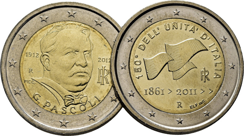 ITALIA. 150 años de la Unificación y sestenario de G. Pascoli. 2€. 2011 y 2012. ...