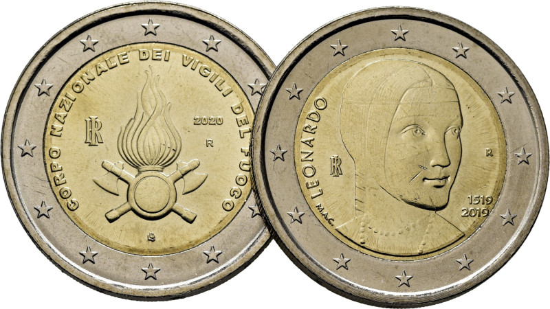 ITALIA. Leonardo da Vinci y Cuerpo Nacional de Bomberos. 2€. 2019 y 2020. Tres r...