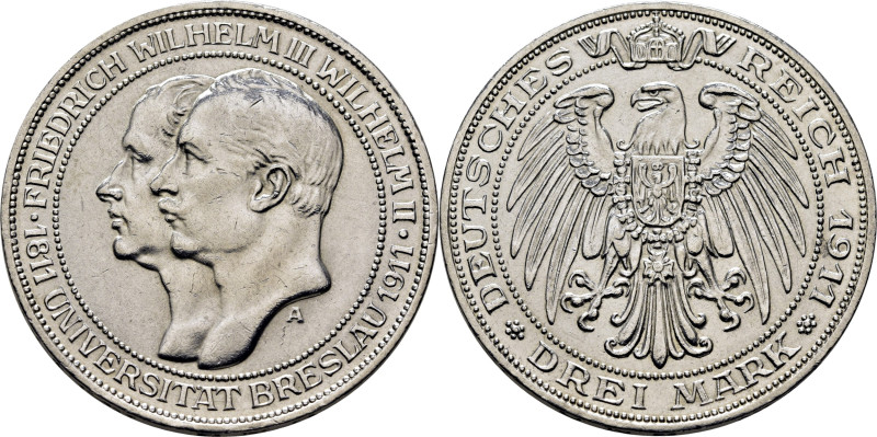 ALEMANIA PRUSIA. Federico Guillermo III y Guillermo II. 3 marcos. 1911. A. Unive...