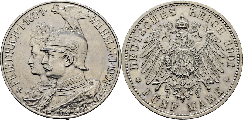 ALEMANIA PRUSIA. Federico I y Guillermo II. 5 marcos. 1701-1901. Bicentenario. K...