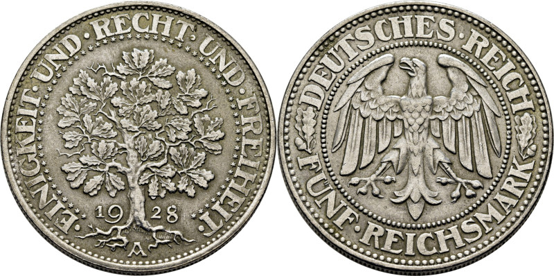 ALEMANIA. República Weinar. 5 reich marks. 1928. A. Árbol. K56 (120$). Mejor que...